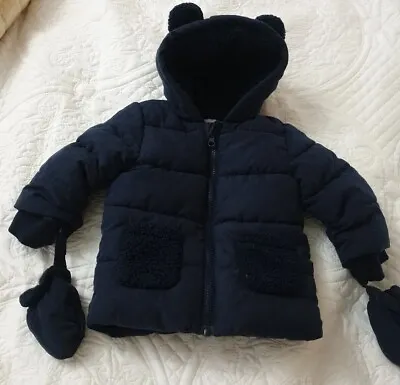 George Navy  Baby Coat  9-12 Months With Detachable Mittens & Teddy Ears • £4