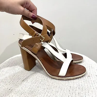 Tory Burch Women’s 10 Marbella Leather Strappy Stacked Heel Sandals Brown White • $59.99