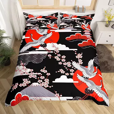 Crane Duvet Cover Full Size Japanese-Style Bedding Set Cherry Blossoms Pattern A • $33.18