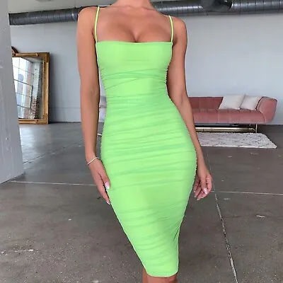 Oh Polly FIRST DATE Ruched Mesh Bodycon Knee Length Dress Lime Green Neon • £14.99
