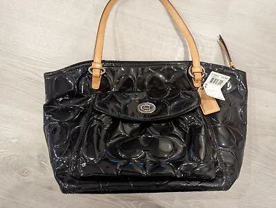 Coach Leah F14663 Black Patent Leather Purse Bag Tote Carryall Shoulder • $114.99