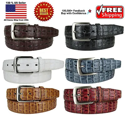 MEN FAUX CROCODILE ALLIGATOR SKIN GENUINE LEATHER STITCHED BELT W BELT BUCKLE • $8.99