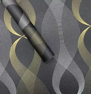 Black Wallpaper Peel And Stick-Black And Gold Wallpaper-Modern Geometric Self... • $14.76