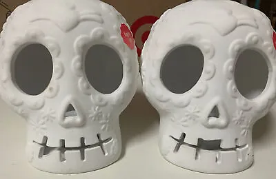 🌼  Target Dia De Los Muertos Ceramic Lighted Skull 5” White👉set Of 2👈🆕READ👇 • $36.99