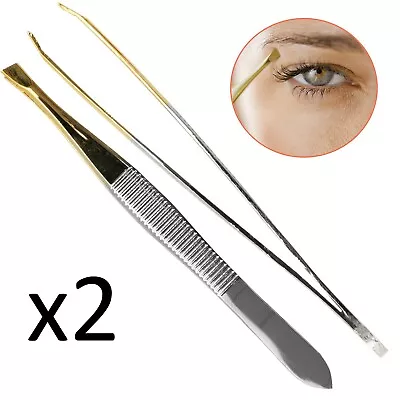 2 X Gold Tipped Slanted Tweezers Steel Precision Eyebrow Hair Non Slip Pluckers • £3.48