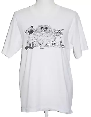 Vtg Cat T Shirt Womens Size L White Black Graphic Trio Kittys Single Stitch 1987 • $29.98