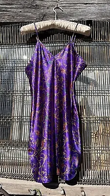 Versace Style Slip Dress Purple Satin Large Gold Red Paisley Print Chain EUC • $12