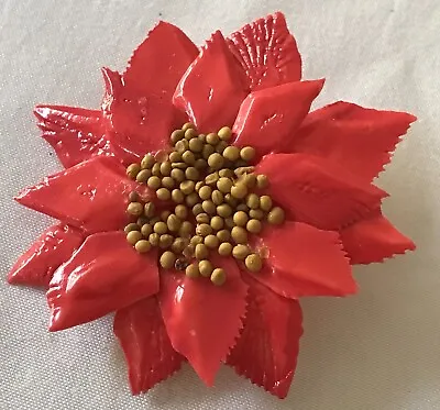 POINSETTIA CHRISTMAS PIN BROOCH Handmade Red Shell Gar Scales Mustard Seeds Vtg • $5.99