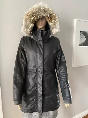 M0851 Gray Black Insulated Winter Fur Hood Coat Size S • $72.83