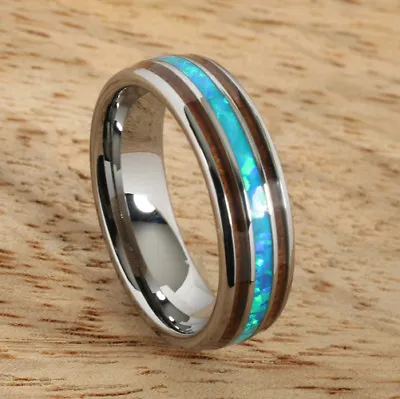 Tungsten Carbide Inlaid Hawaiian Koa Wood With Opal Ring 6mm (Oval Comfort Fit) • $110