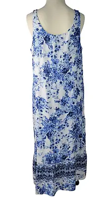 J Jill Women’s Size Large Floral Maxi Dress White Blue Sleeveless 100% Cotton • $29.99