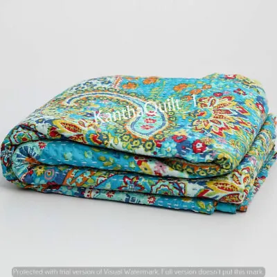 King Size Indian Handmade Kantha Quilt Cotton Bedspread Throw Bedcover Blanket • £88.45
