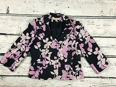 Amanda Smith Petite Suits Blazer 100% Silk Women 10P Navy Pink Floral 3/4 Sleeve • $17.89