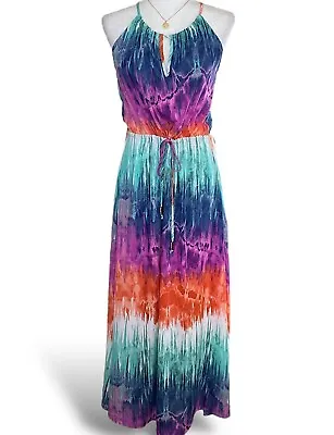 Veronica M. Boho Maxi Long Beach Dress Sleeveless Halter Tie Keyhole Neck  XS • $39.99