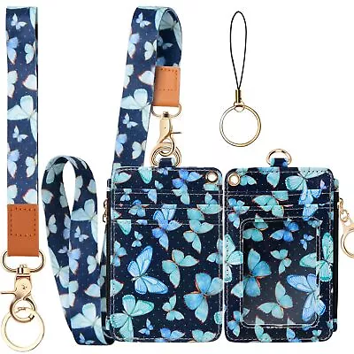 Leather ID Badge Holder Card Wallet W/ Lanyard & Wristlet Strap For Women Girls • $15.20