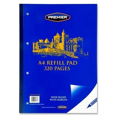 A4 Refill Pad 320 Pages Margin Ruled Lined 4 Hole Punched Notepad School Office • £5.99