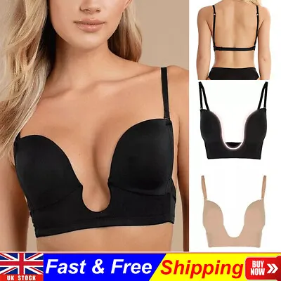 Deep U Shape Plunge Padded Push Up Bra Lesh Breathable Sexy Bralette Size 32-38B • £11.65