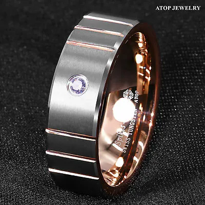 ATOP 8mm Silver Tungsten Ring Rose Gold Diamonds Wedding Band Men Gift Jewelry • $20.89