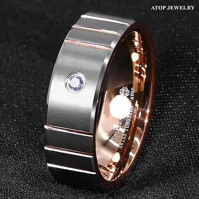 $21.99 • Buy ATOP 8mm Silver Tungsten Ring Rose Gold Diamonds Wedding Band Men Gift Jewelry