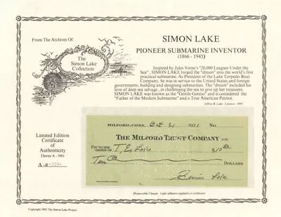 Milford Trust Company Check Signed By Simon Lake And T.E. Lake - Autographs Of F • $135
