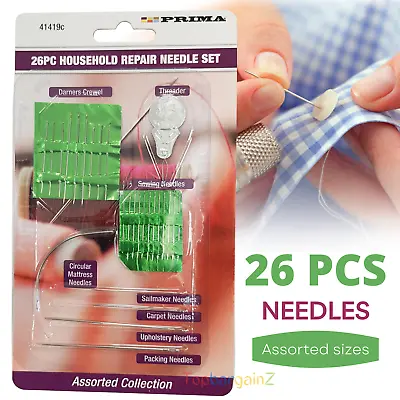 26 Hand Sewing Needles Repair Kit Threader Darning Mattress Carpet Upholstery • £3.39