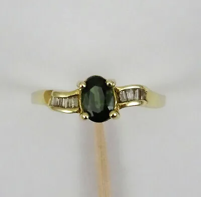 14K Gold Ring With Moldavite Gemstone & Diamond Baguettes Size 9.5 J6 • $220