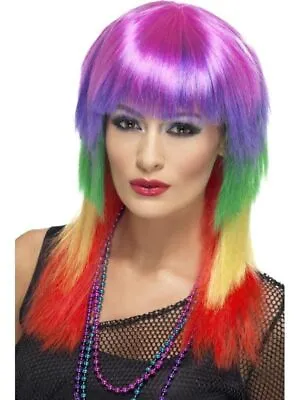 80s Rainbow Wig Long Multi Ladies Fancy Dress Costume Accessory • £6.99