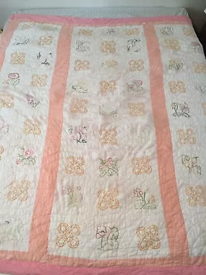 Vintage Hand Stitched Embroidered 66  X 74  Quilt As Is Needs Repair • $44.50