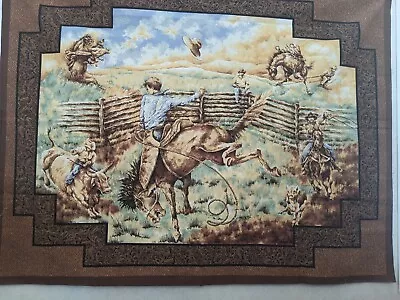 Vintage Western Cowboy Bronco Riding Horse Cotton Fabric Panel 43” X 34” Browns • $12