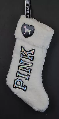 Victoria Secret PINK Christmas Stocking 17  White Sherpa Holographic Logo 2017 • $14.24