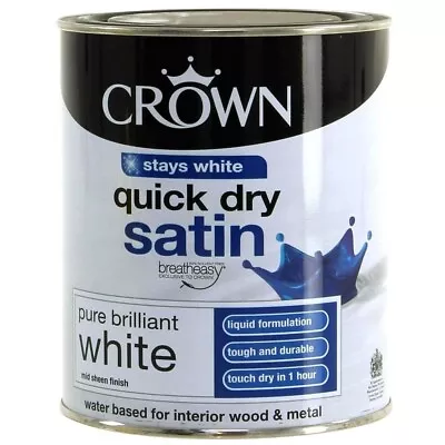 Crown Quick Dry Satin Pure Brilliant White - Wood & Metal - Paint 750ml • £11.99