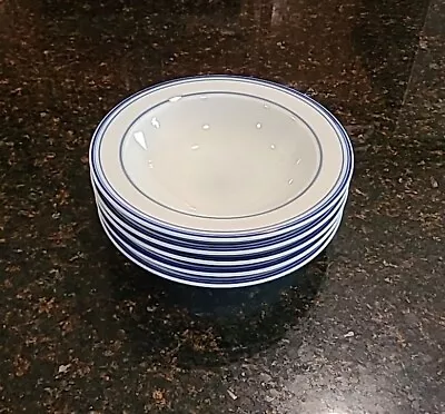 SET OF 5 Mikasa Cera Stone BLUE NB 500 Rim Soup Bowls 8 3/8 . White Blue Trim • $34.95