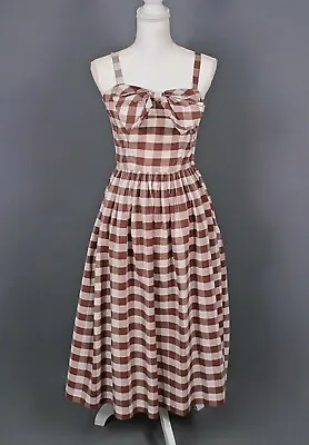 VTG Women's 50s Brown & White Gingham Sundress Sz S 1950s Summer Dress • $74.99
