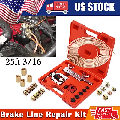 Copper Coated Brake Line 25FT 3/16 & Flaring Tool + 20 Nuts Fittings Repair Kit • $35
