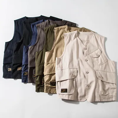 Men Loose Cargo Vest Multi Pockets Vintage Sleeveless Jackets Waistcoats Retro • $27.10