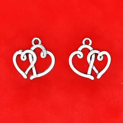 10 X Tibetan Silver Heart By Heart Double Love Heart Loveheart Valentine Charms  • £2.49