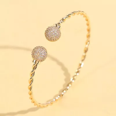 9ct Gold Bangle Ball  Open Torque Bangle For Women  With Cubic Zirconia  - NH540 • £19.99