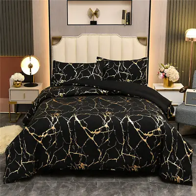 $39.99 • Buy Gold Marble Quilt Duvet Doona Covers Set King Queen Size Soft Black Bedding Set