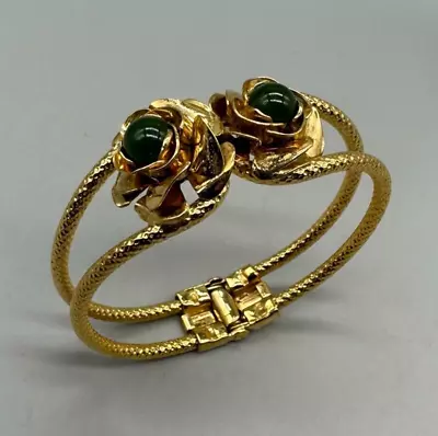 Vintage Bracelet Gold Tone Floral Green Jade Cabochon Hinged Small Wrist 5.75  • $35.99