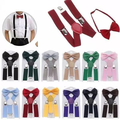 Kids Boys Girls Matching Elastic Braces Suspenders And Bow Tie Set Wedding Gift • £4.99