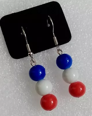 Handmade Red White & Blue  UNION JACK  Glass Beads Drop Dangle Earrings • £4.95