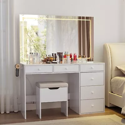 Vanity Desk Set With Stool Makeup Mirror Adjustable Light Dressing Table Drawers • $257.99
