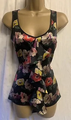 Ted Baker Size 6 100% SILK Black Floral Ruffle Frill Zip Back Tank Occasion Top • £16.95