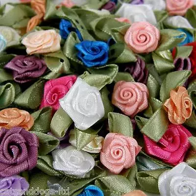 25 X Rose Buds Satin Ribbon Flowers Rosebuds Wedding Card Making Scrap Booking • £2.85