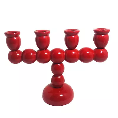 Vintage Red Swedish Wooden Candlestick Bobbin Quad Marked Folk Art 7.25 X 9.75  • $47