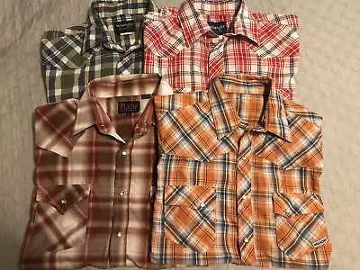 Lot Of 4 Mens S/S Snap Button Shirts Plains Western Wear L & 3 Wrangler No Tags • $9.99