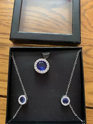 Costume Jewellery Blue Saphire & Diamond Necklace/Pendant And Earrings Set QVC • £11