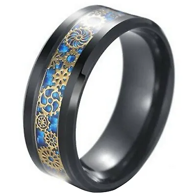 Blue Steampunk Gold Gear Ring Black Stainless Steel Mechanic Wedding Band • $15.99