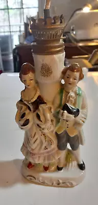 Vintage Oil Lamp Victorian Couple Hand Painted Porcelain With The Wick. • $9.99