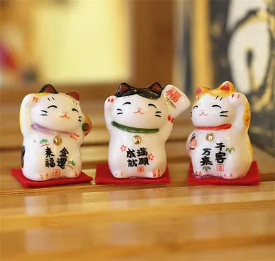 Set Of 3 Japanese Ceramics Maneki Neko Lucky Cat Figurines Waving Fortune Decor • £6.24